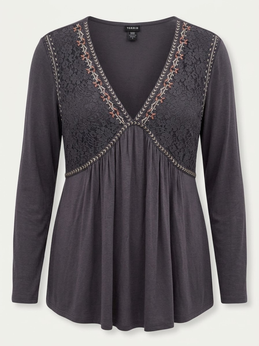 torrid grey Long Sleeve V-Neck Top with Lace and Embroidered Trim 2X